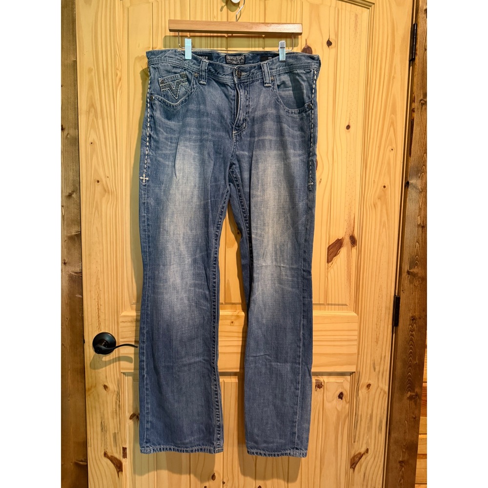 Affliction Black Premium Cooper Jeans Mens 36 Blue Embroidered Relaxed Straight